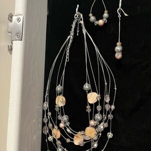 Elegant Multi-Strand Silver and Beige-y gold Necklace and Earring Set